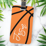 Basketball black orange custom name luggage tag<br><div class="desc">Luggage tag featuring a basketball pattern and your name in white. All colours are customisable in the design tool.</div>