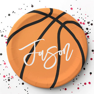 Basketball black orange custom name paper plate