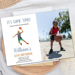 Basketball Black Orange Invitations with photo