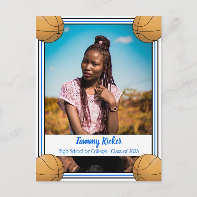 Basketball Blue & Black Graduation Announcement Postcard (Front)