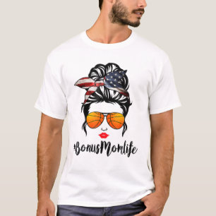 Basketball Bonus Mom Life Messy Bun American Flag T-Shirt