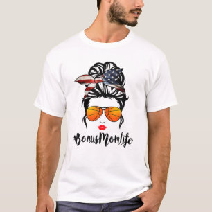 Basketball Bonus Mum Life Messy Bun American Flag T-Shirt