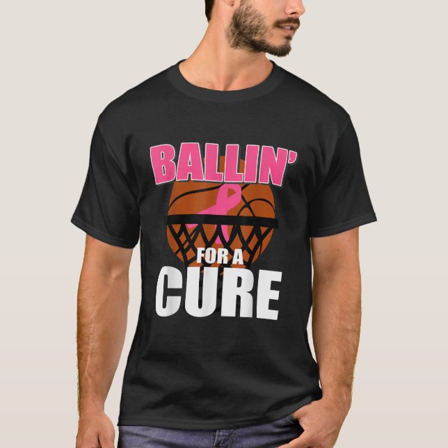 Basketball Breast Cancer Awareness Month Pink Ribb T-Shirt (Front)