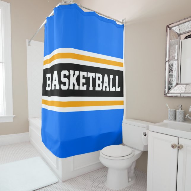 BASKETBALL Bright Blue Black Yellow Racing Stripes Shower Curtain (In Situ)