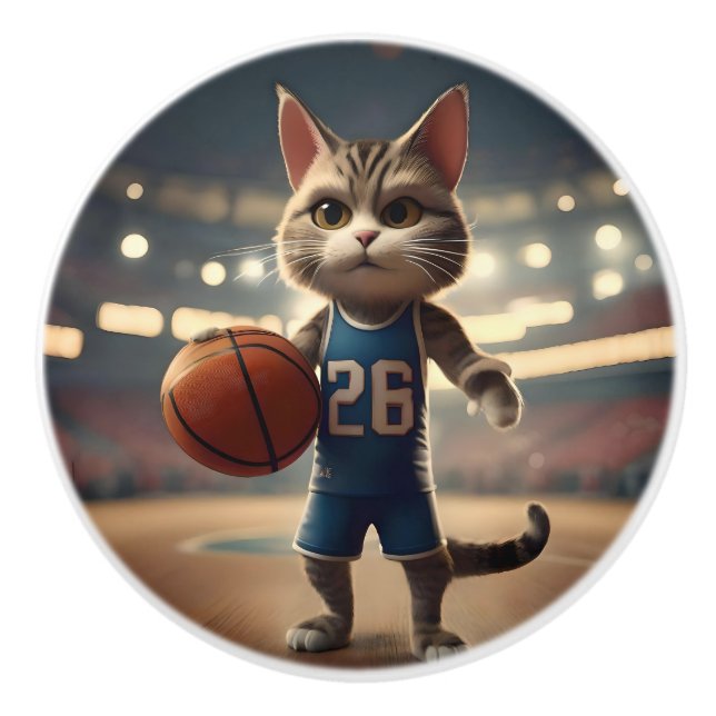 Basketball Cat, Ceramic Knob (Front)