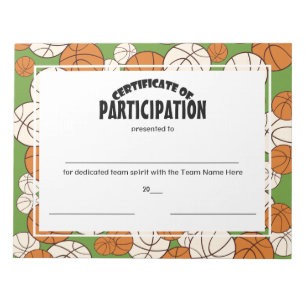 Basketball Certificates of Participation Notepad