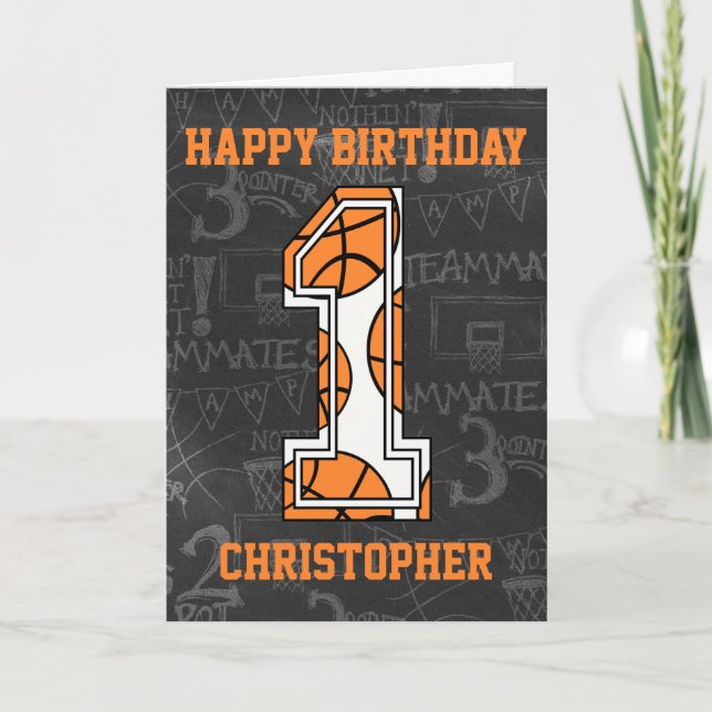 Basketball Chalkboard 1st Birthday Card (Front)