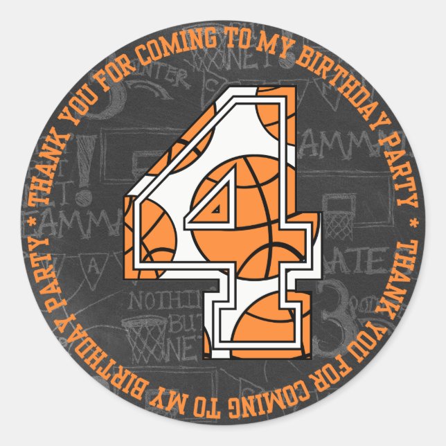 Basketball Chalkboard 4th Birthday Thank You Classic Round Sticker (Front)