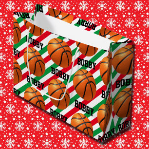Basketball Christmas Add Name Stripe Red n Green Large Gift Bag