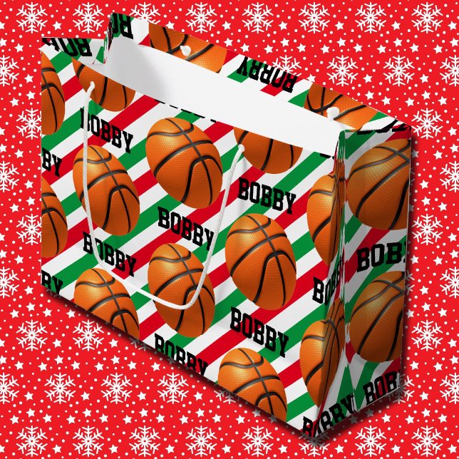 Basketball Christmas Add Name Stripe Red n Green Large Gift Bag (Creator Uploaded)