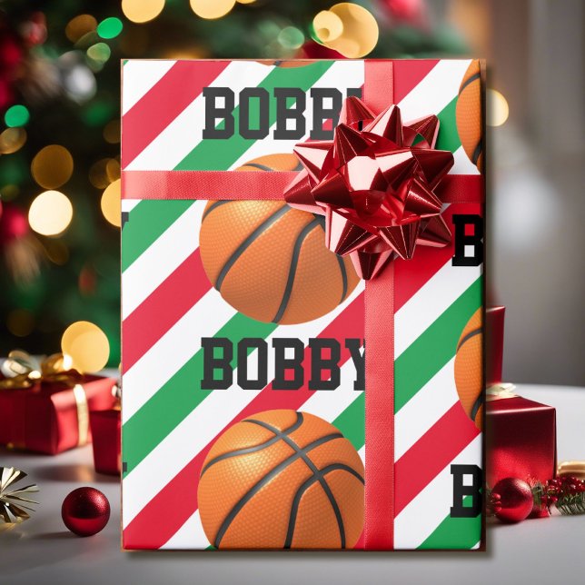 Basketball Christmas Add Name Stripe Red n Green Wrapping Paper (Creator Uploaded)
