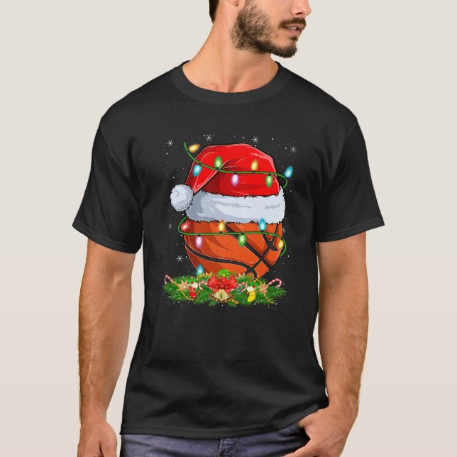 Basketball Christmas Lights Funny Basketball Playe T-Shirt (Front)