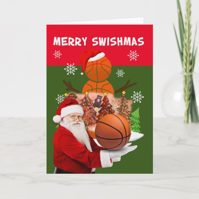 Basketball Christmas MERRY SWISHMAS Santa Claus Card (Front)