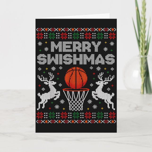 Basketball Christmas Ugly Sweater Merry Swishmas M Card (Front)