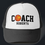 🏀 basketball COACH [custom name] Trucker Hat<br><div class="desc">Show your passion for basketball coaching with this design featuring a basketball,  with black text that can be customised. A good gift idea for your coach,  or anyone else passionate about basketball.</div>