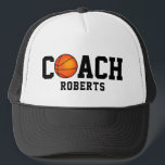 🏀 basketball COACH [custom name] Trucker Hat<br><div class="desc">Show your passion for basketball coaching with this design featuring a basketball,  with black text that can be customised. A good gift idea for your coach,  or anyone else passionate about basketball.</div>