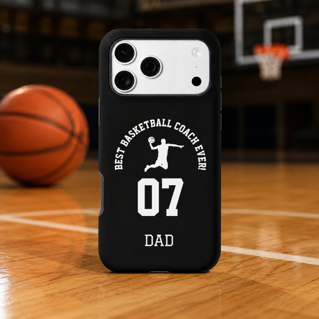 Basketball Coach Jersey Number Design (Basketball coach jersey phone case displayed on a realistic basketball court)