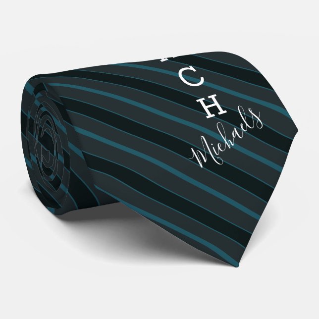Basketball Coach Signature Name Teal Striped Tie (Rolled)
