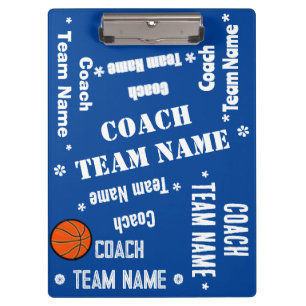 Basketball Coach Team Blue and White Personalised Clipboard