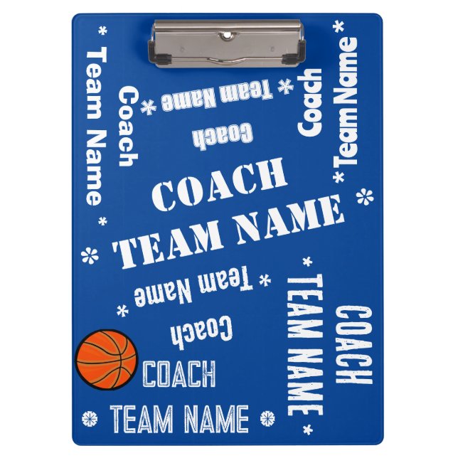 Basketball Coach Team Blue and White Personalised Clipboard (Front)