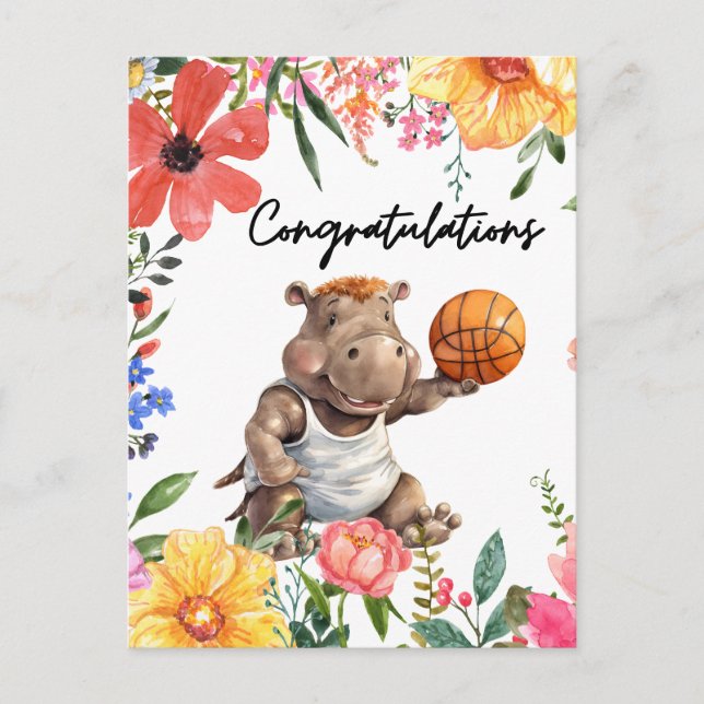 Basketball Congratulations with Hippo Postcard (Front)