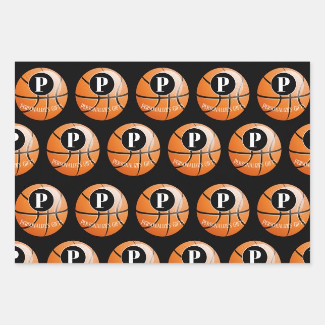 Basketball Custom Monogram Name Wrapping Paper Sheet (Front)
