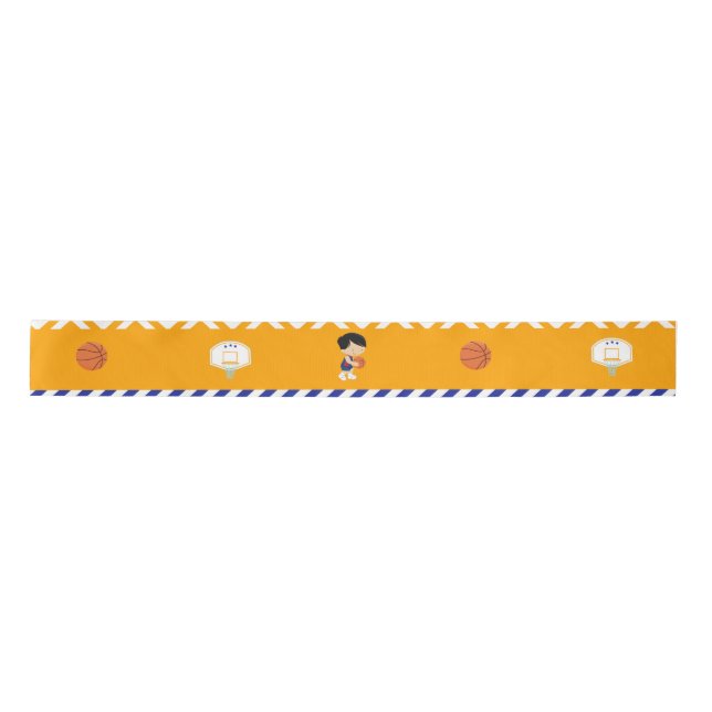 Basketball Cute Black Hair Boy Satin Ribbon (Front)