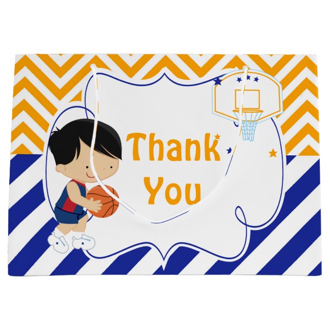 Basketball Cute Black Hair Boy Thank You Large Gift Bag (Front)