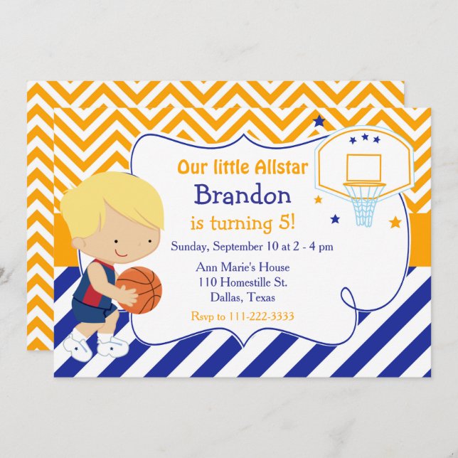 Basketball Cute Blonde Boy Birthday Party Invitation (Front/Back)