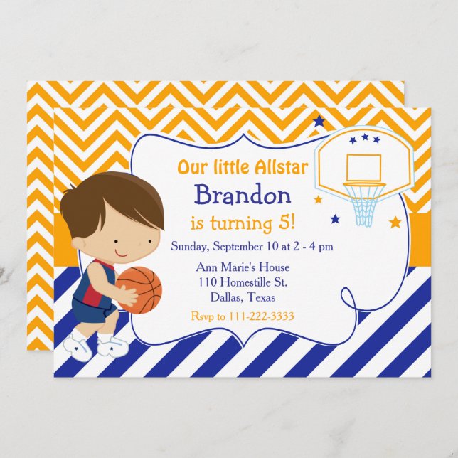 Basketball Cute Brunette Boy Birthday Party Invitation (Front/Back)