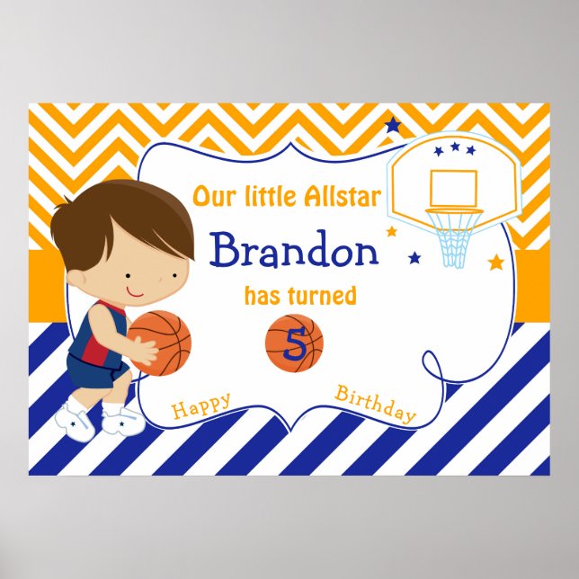 Basketball Cute Brunette Boy Birthday Poster (Front)