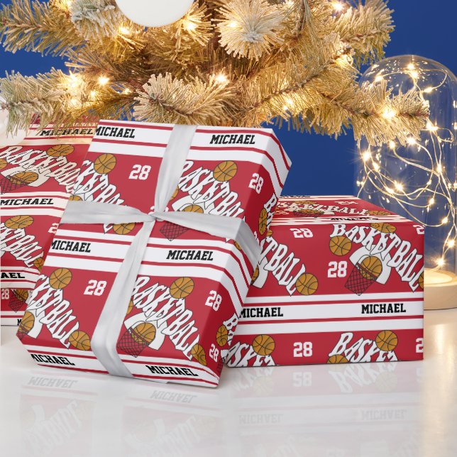 Basketball Dark Red & White Stripe Wrapping Paper (Holidays)
