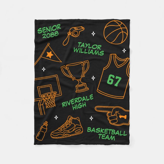 Basketball Doodle Pattern Custom Name Senior Gift Fleece Blanket (Front)