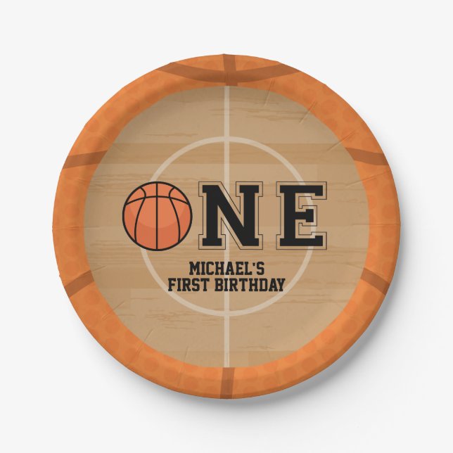 Basketball First Birthday Paper Plate (Front)