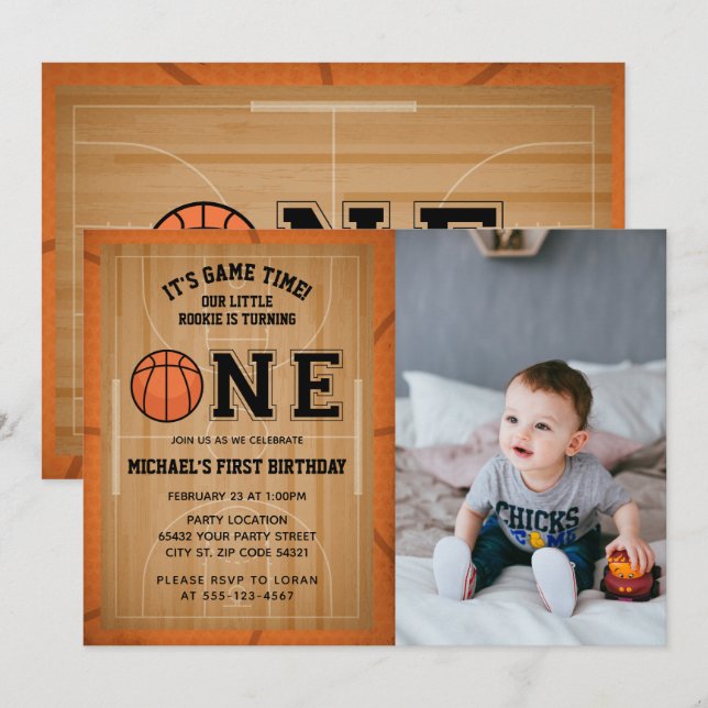 Basketball First Birthday Photo Invitation (Front/Back)