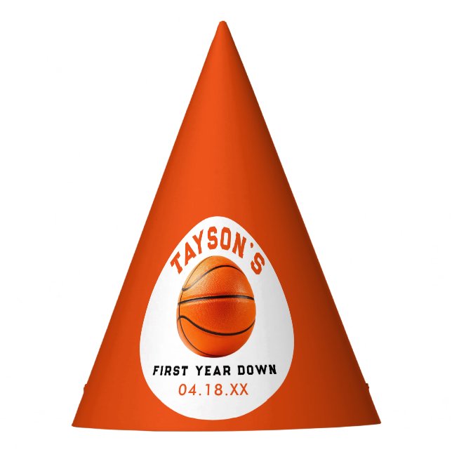 Basketball First Year Down 1st Birthday Party Hat (Front)