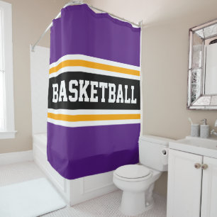 BASKETBALL Fun Black Royal Purple Yellow Stripes Shower Curtain
