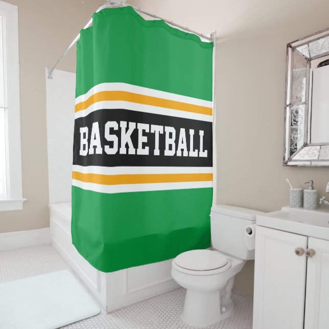 BASKETBALL Fun Green Black Orange Racing Stripes Shower Curtain (In Situ)