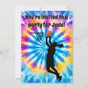 Basketball Girl Custom Tie-Dye Rainbow Birthday Invitation