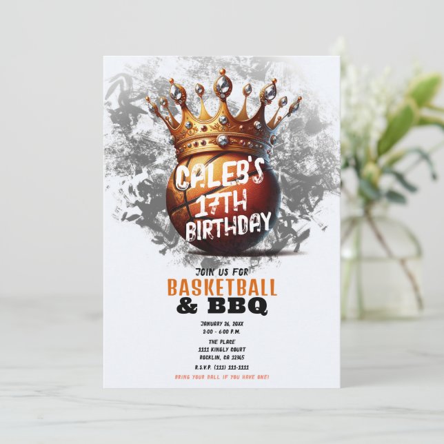 Basketball Gold Crown Full Photo Back Birthday  Invitation (Standing Front)