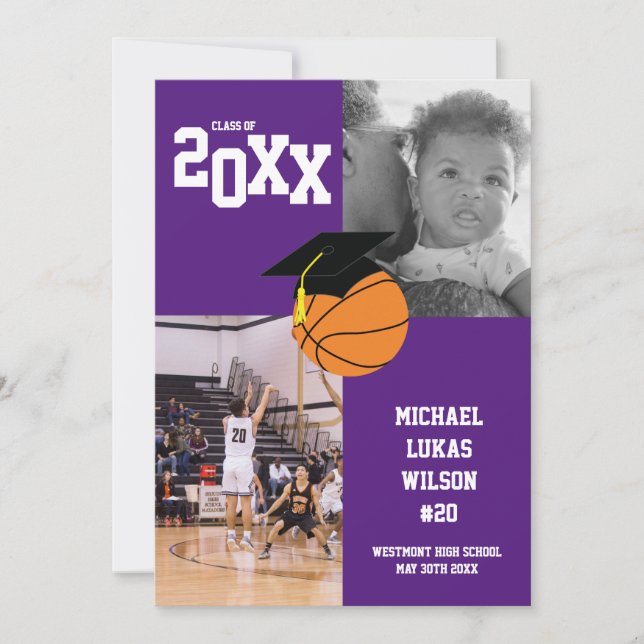 Basketball Graduation Sports Purple Announcement (Front)