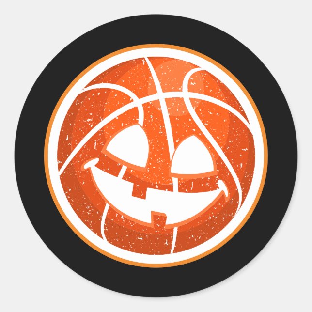  Basketball  Halloween Pumpkin Orange on black  Classic Round Sticker (Front)