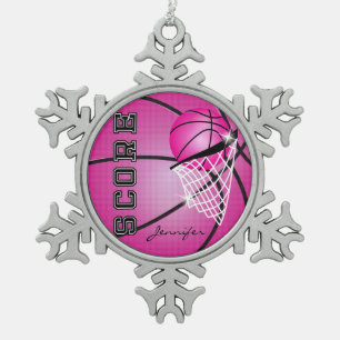 Basketball Hot Pink Personalise Snowflake Pewter Christmas Ornament