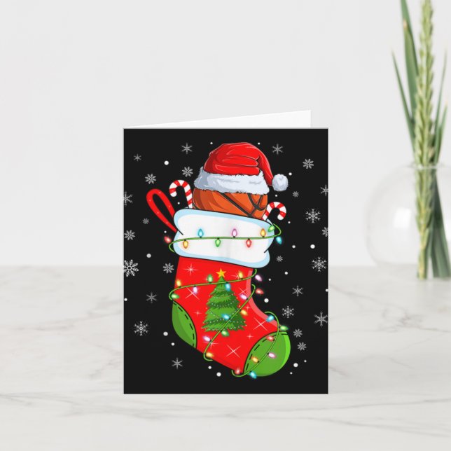 Basketball In Christmas Socks Santa Hat Lights Xma Card (Front)