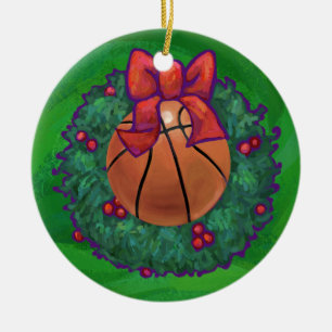 Basketball in Christmas Wreath Ceramic Ornament