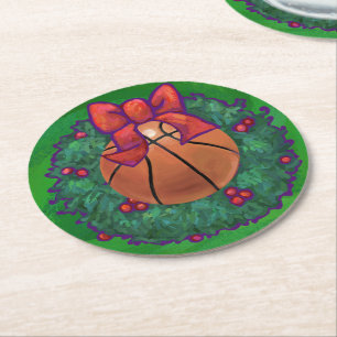 Basketball in Christmas Wreath Round Paper Coaster