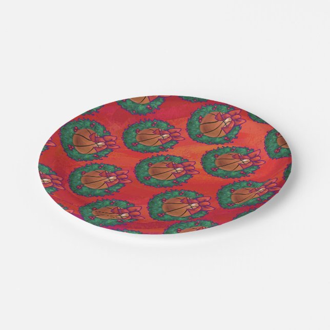 Basketball in Holly Wreath Pattern on Red Paper Plate (Angled)