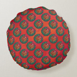 Basketball in Holly Wreath Pattern on Red Round Cushion