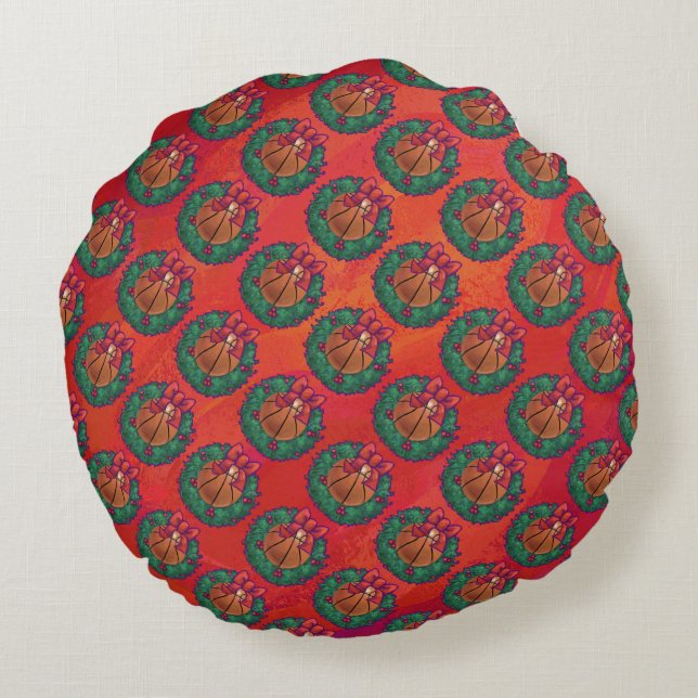 Basketball in Holly Wreath Pattern on Red Round Cushion (Back)