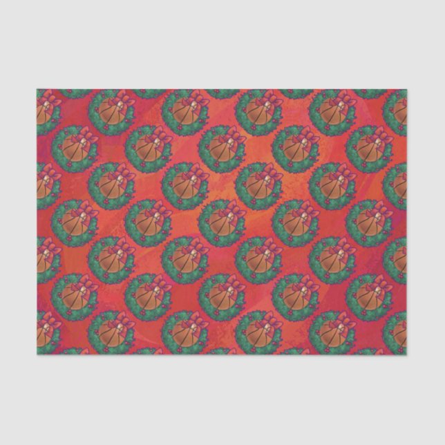 Basketball in Holly Wreath Pattern on Red Tissue Paper (Front)